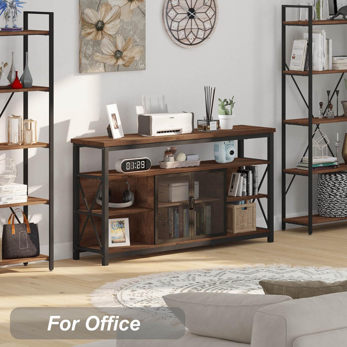 Tall TV Stand for 65 Inch TVs in Rustic Oak Industrial Wood