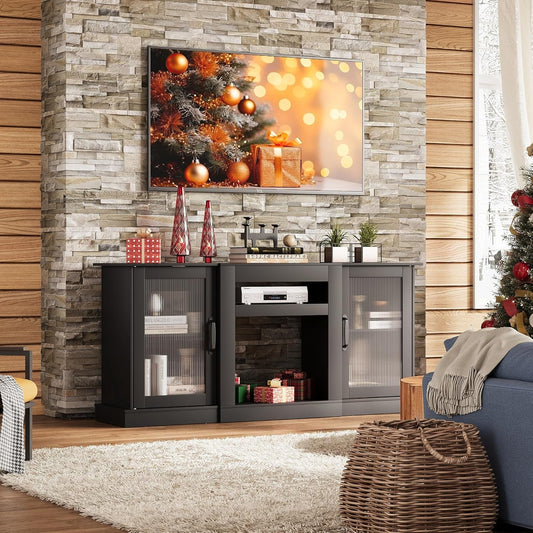 Retro TV Stand For 65 Inch TV With Storage And Open Shelves Black