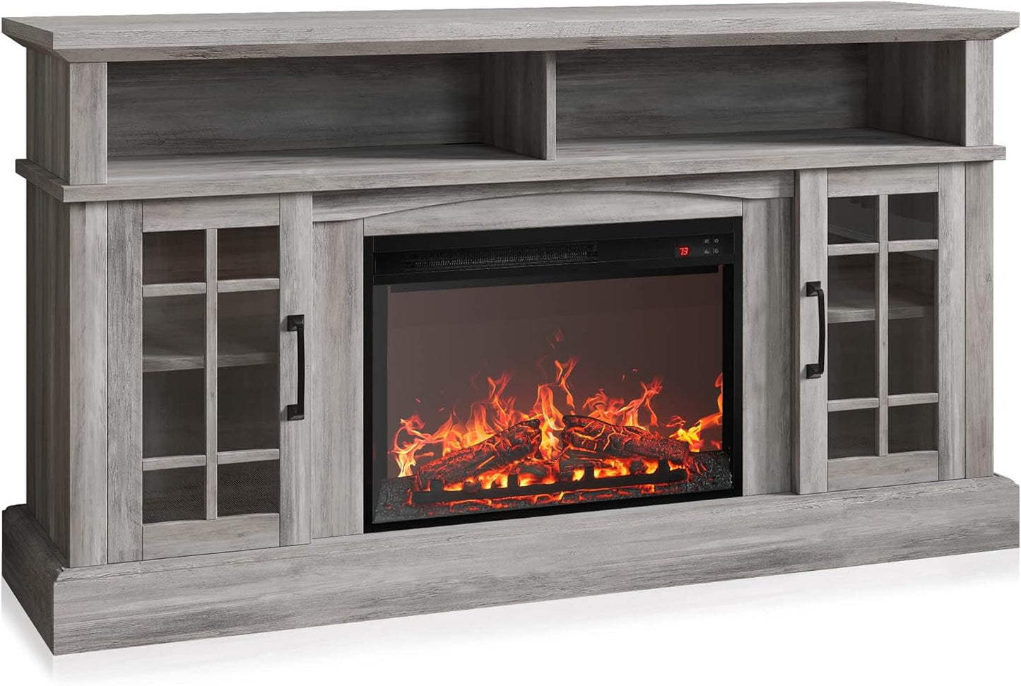 58 Inch Rustic TV Stand With Electric Fireplace And Storage