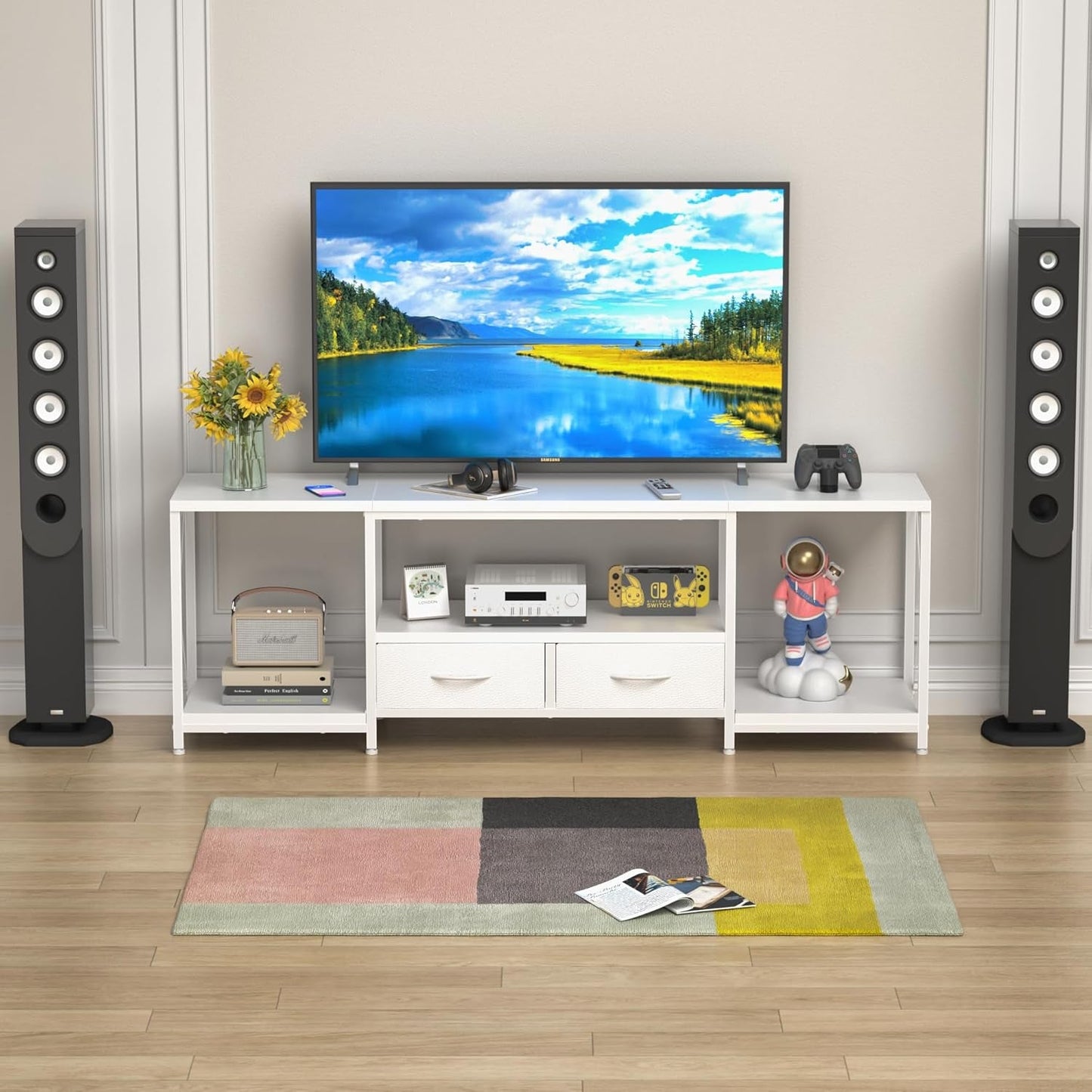 TV Stand For 55 To 65 Inch TV With Fabric Drawers Sturdy