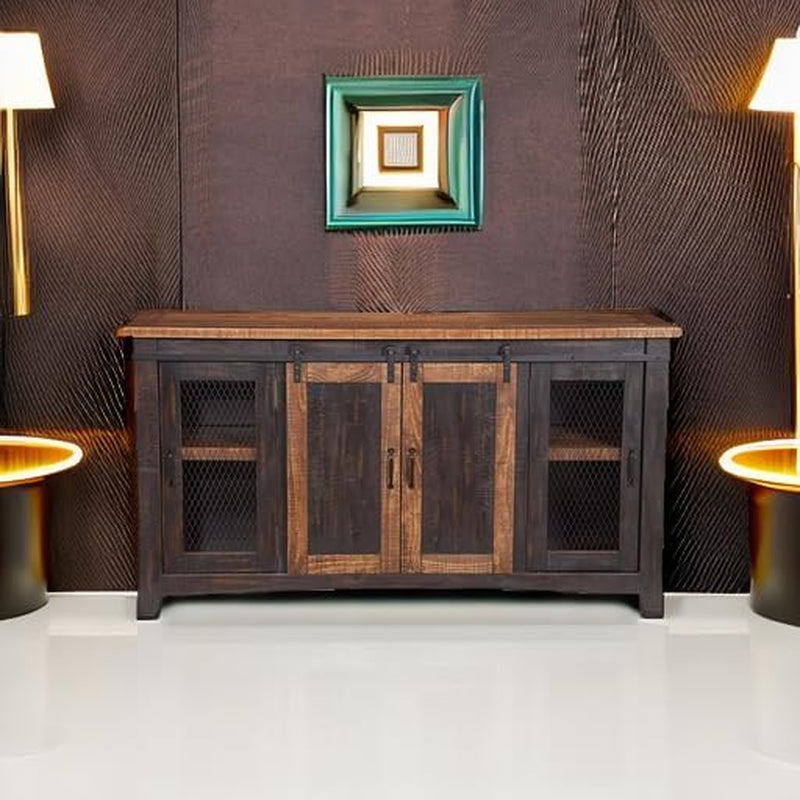 65 Inch Solid Wood TV Stand Antique Black Distressed Pine