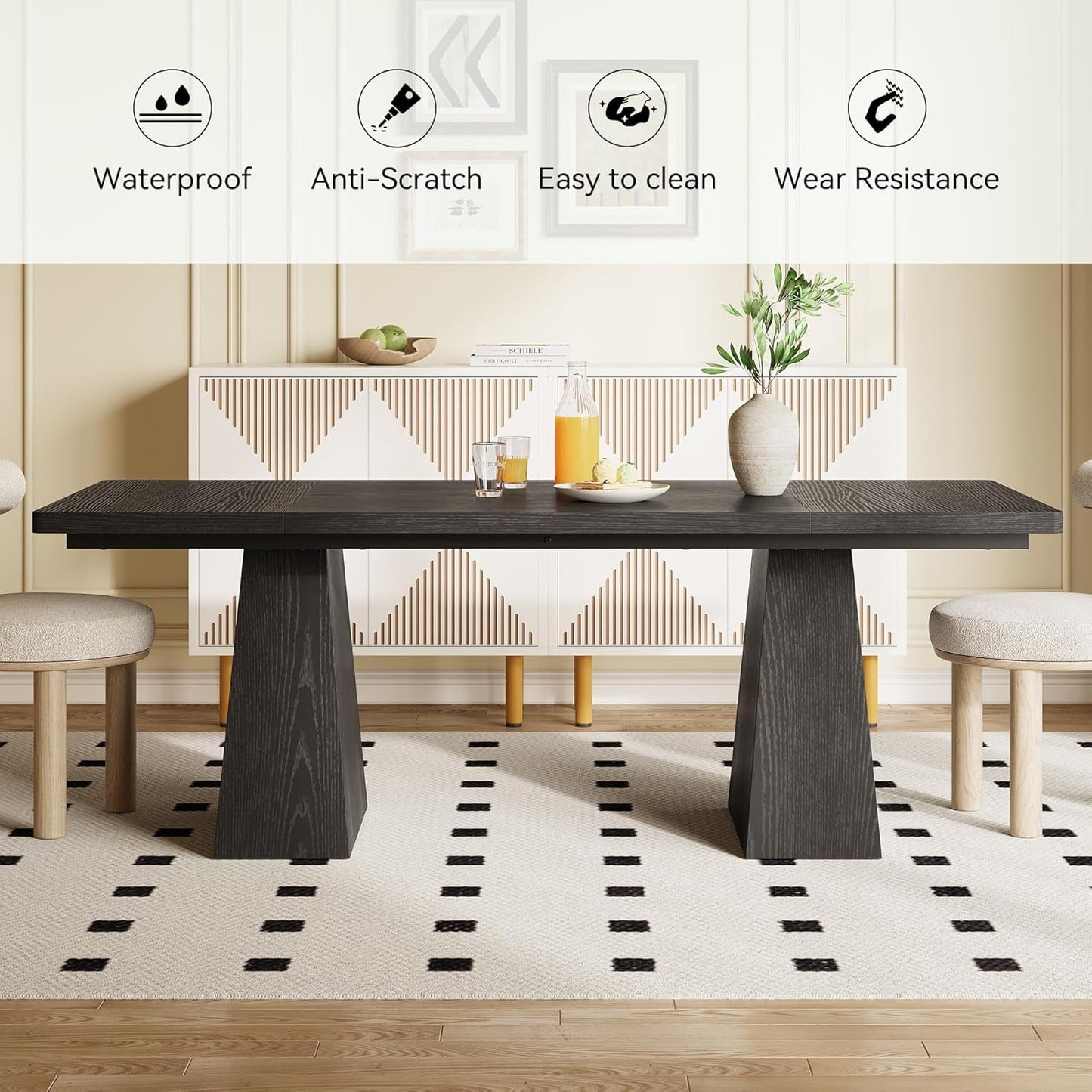 Wooden Dining Table for 6 with Heavy Duty Legs Black