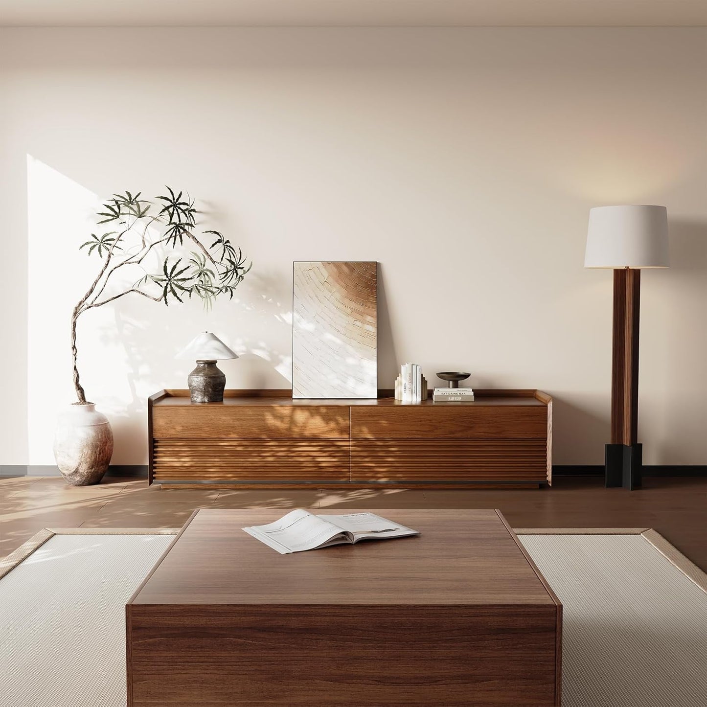 Walnut 78 Inch Mid Century Modern TV Stand With LED Storage