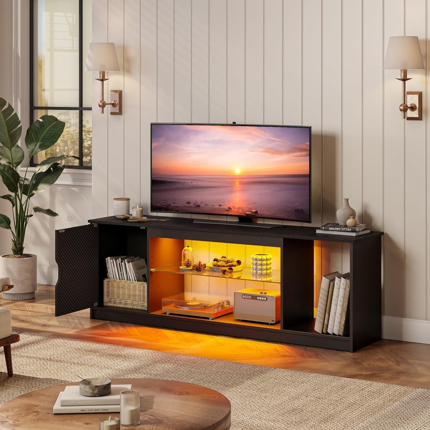 LED TV Stand 55 60 65 Inch With Adjustable Glass Shelves