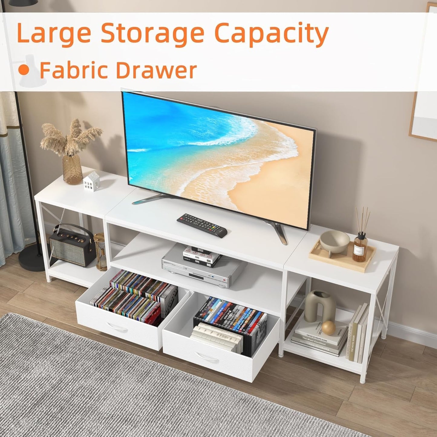 TV Stand For 55 To 65 Inch TV With Fabric Drawers Sturdy