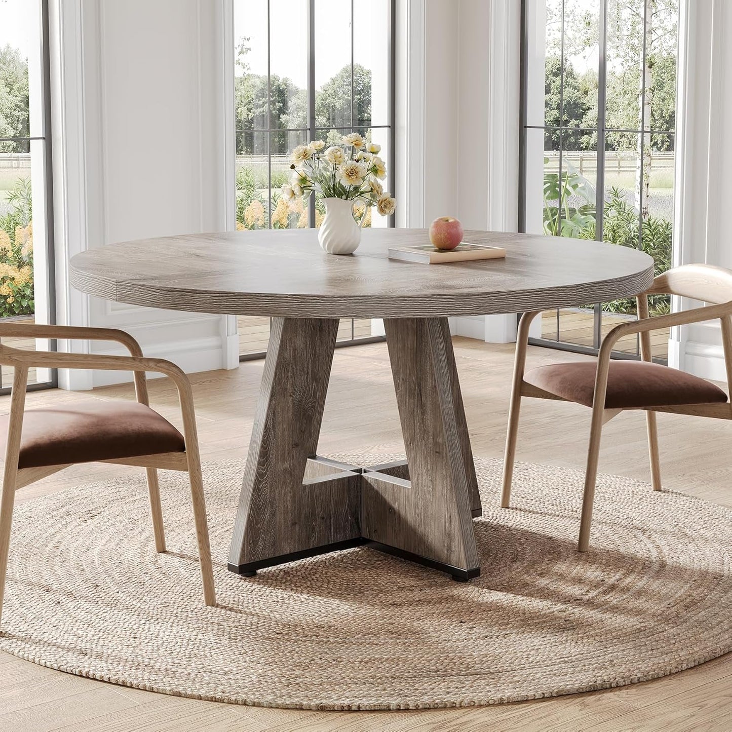 Round 47 Inch Dining Table For 4 To 6 With Grey Pedestal
