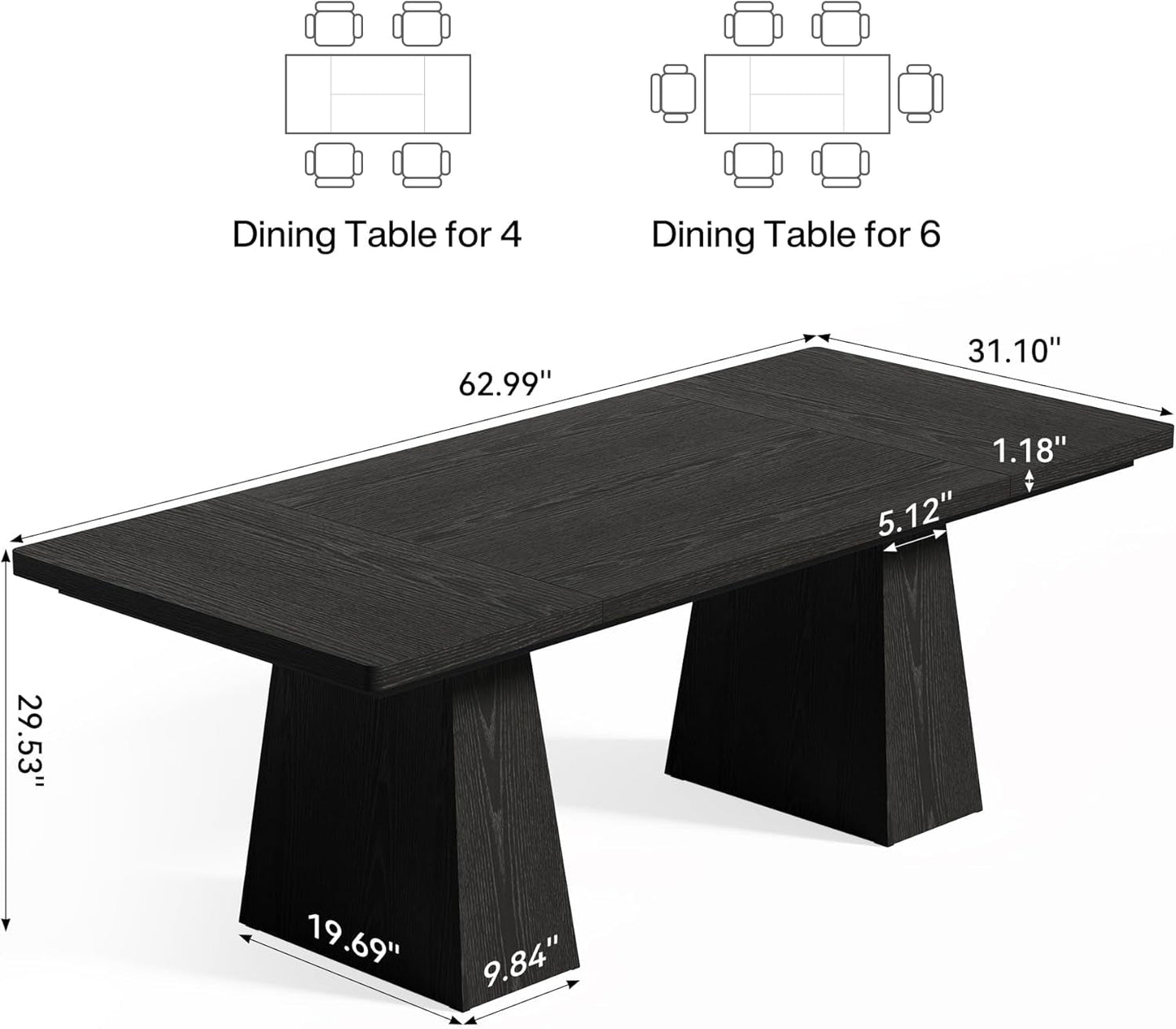 Wooden Dining Table for 6 with Heavy Duty Legs Black