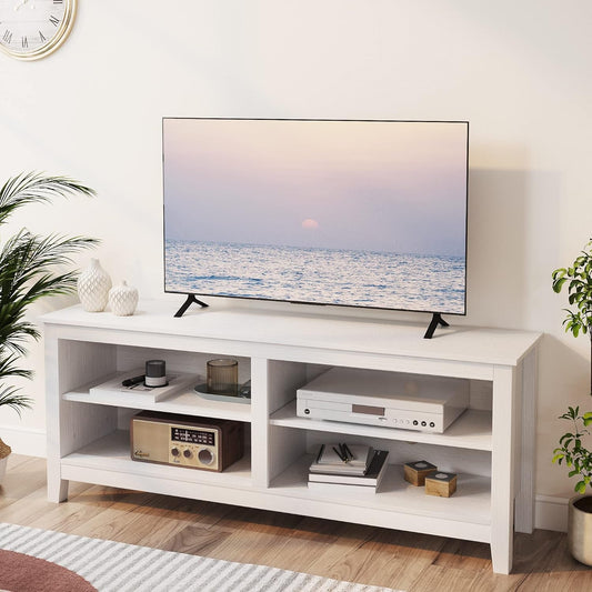 65 Inch TV Stand With Open Storage Shelves White Cabinet