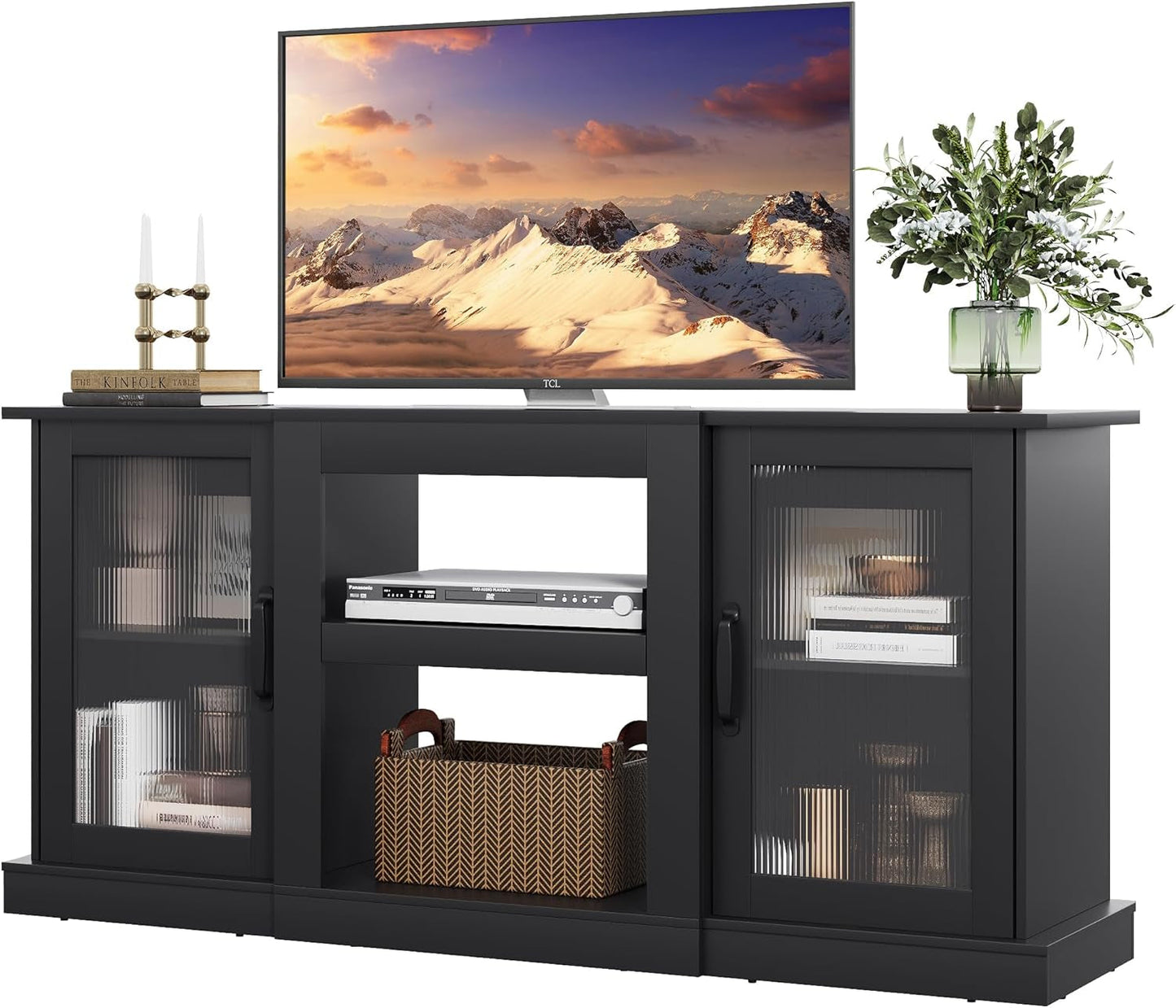 Retro TV Stand For 65 Inch TV With Storage And Open Shelves Black