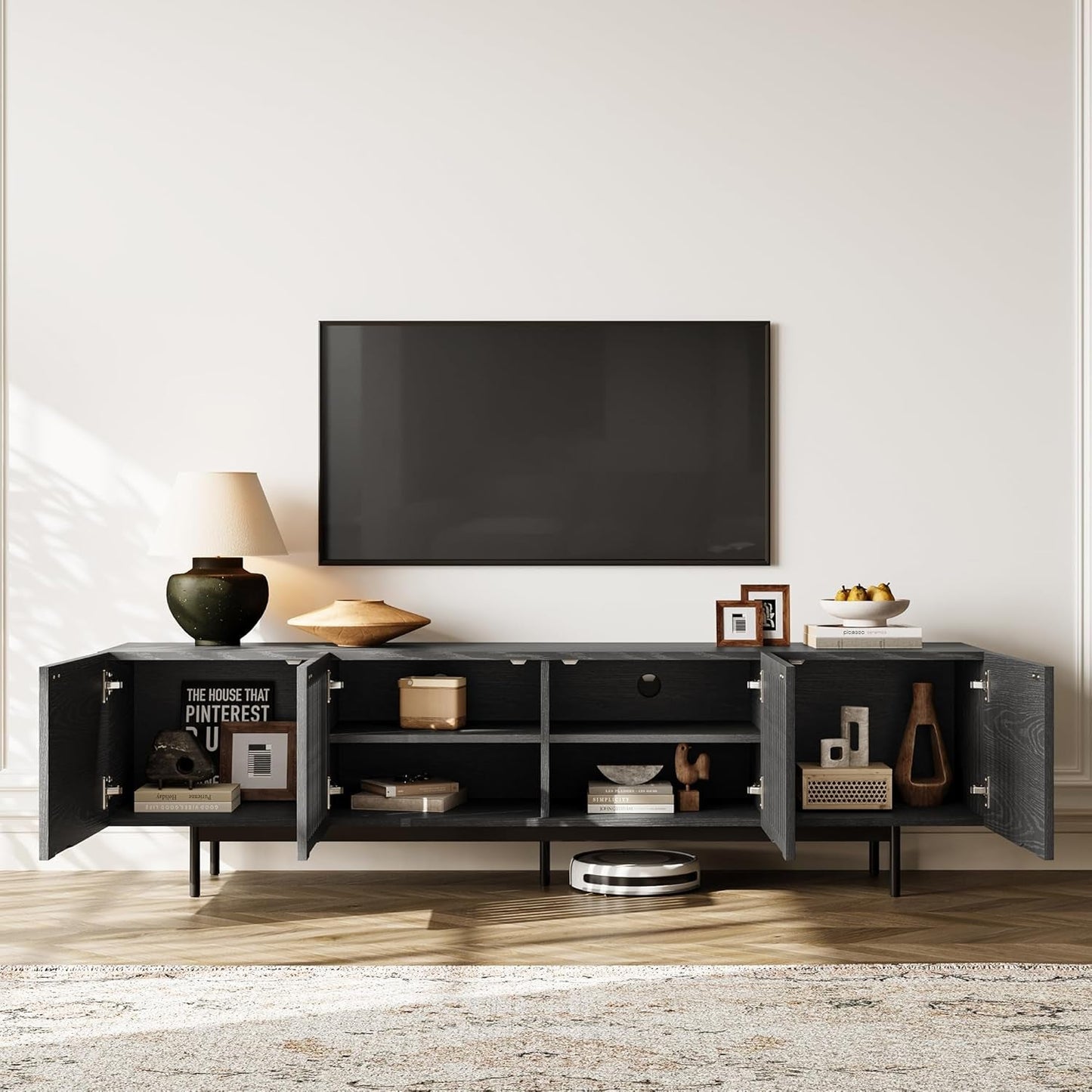 Modern Solid Wood TV Stand For 70 To 75 Inch TVs Black