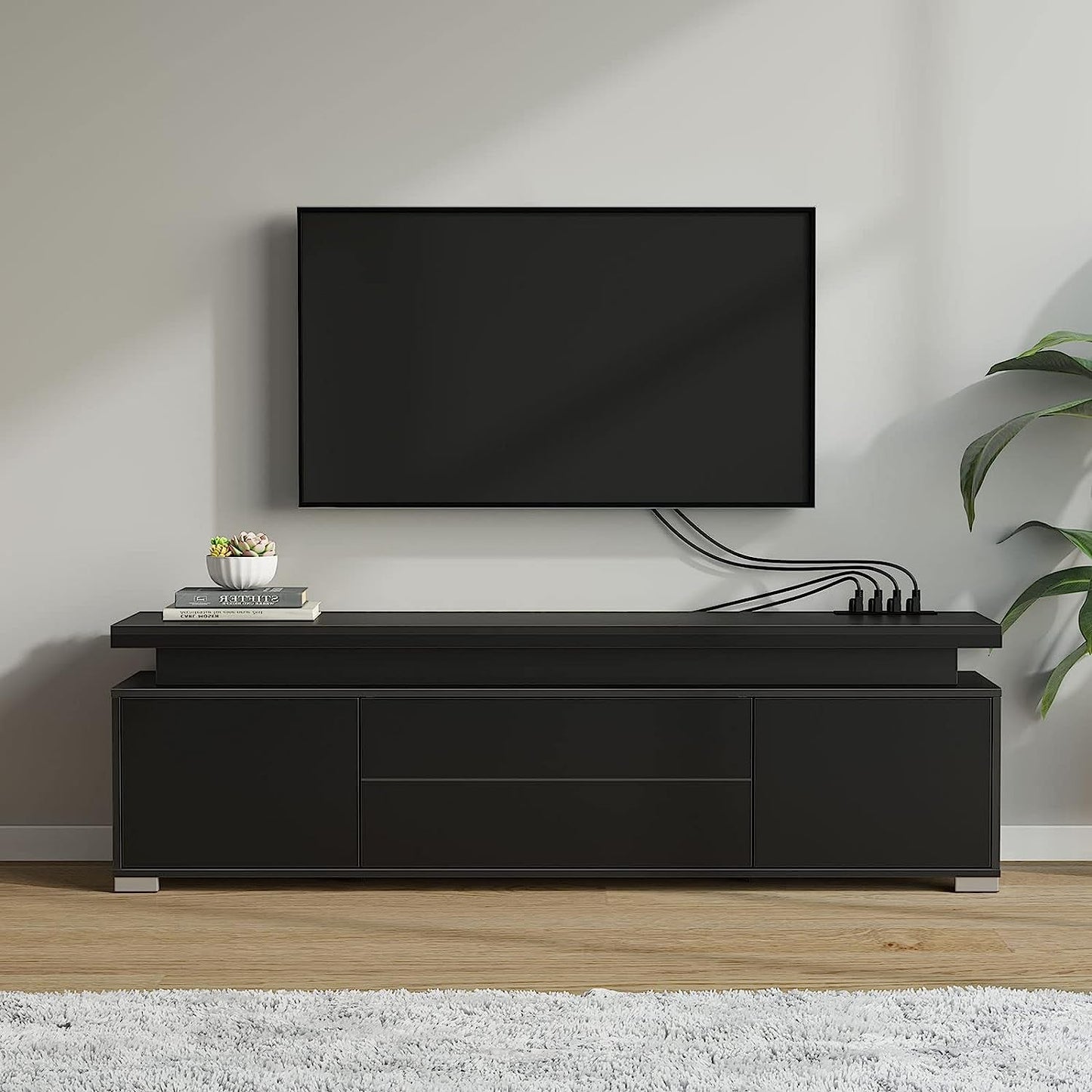 LED TV Stand With Power Outlet And Storage Cabinet