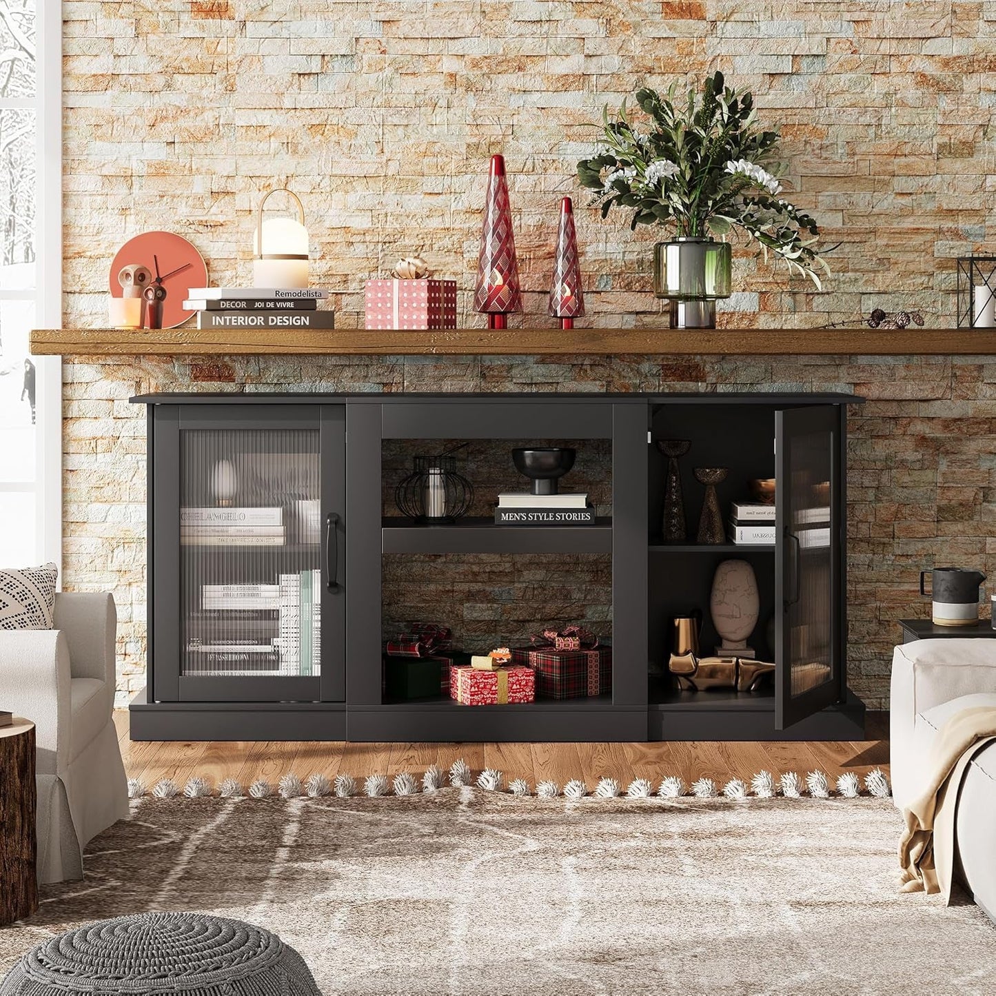 Retro TV Stand For 65 Inch TV With Storage And Open Shelves Black