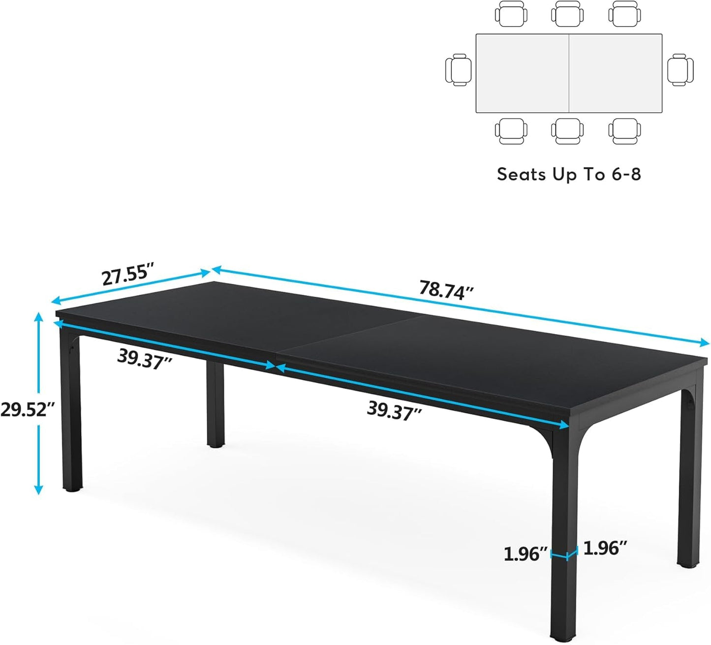 Black 78 Inch Rectangle Dining Table For 6 To 8 People