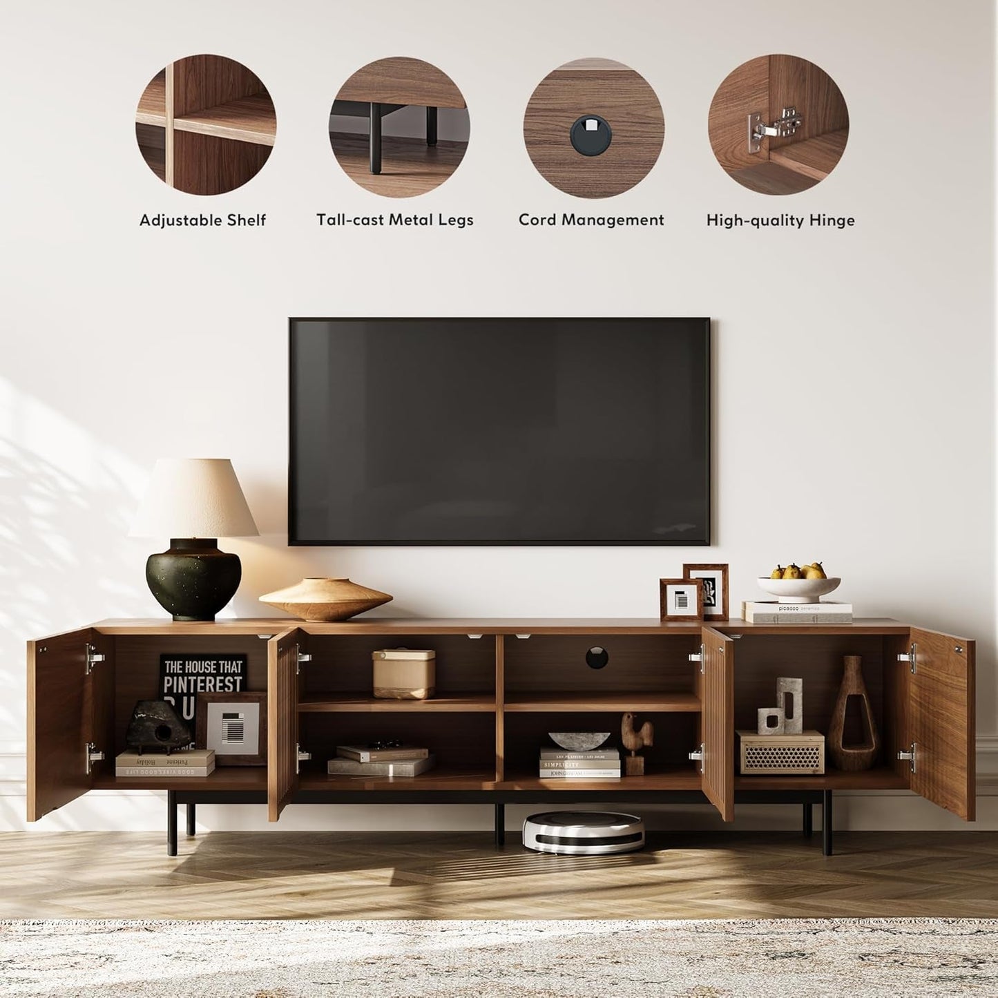 Solid Wood TV Stand For 70 To 75 Inch TV With Walnut Veneer