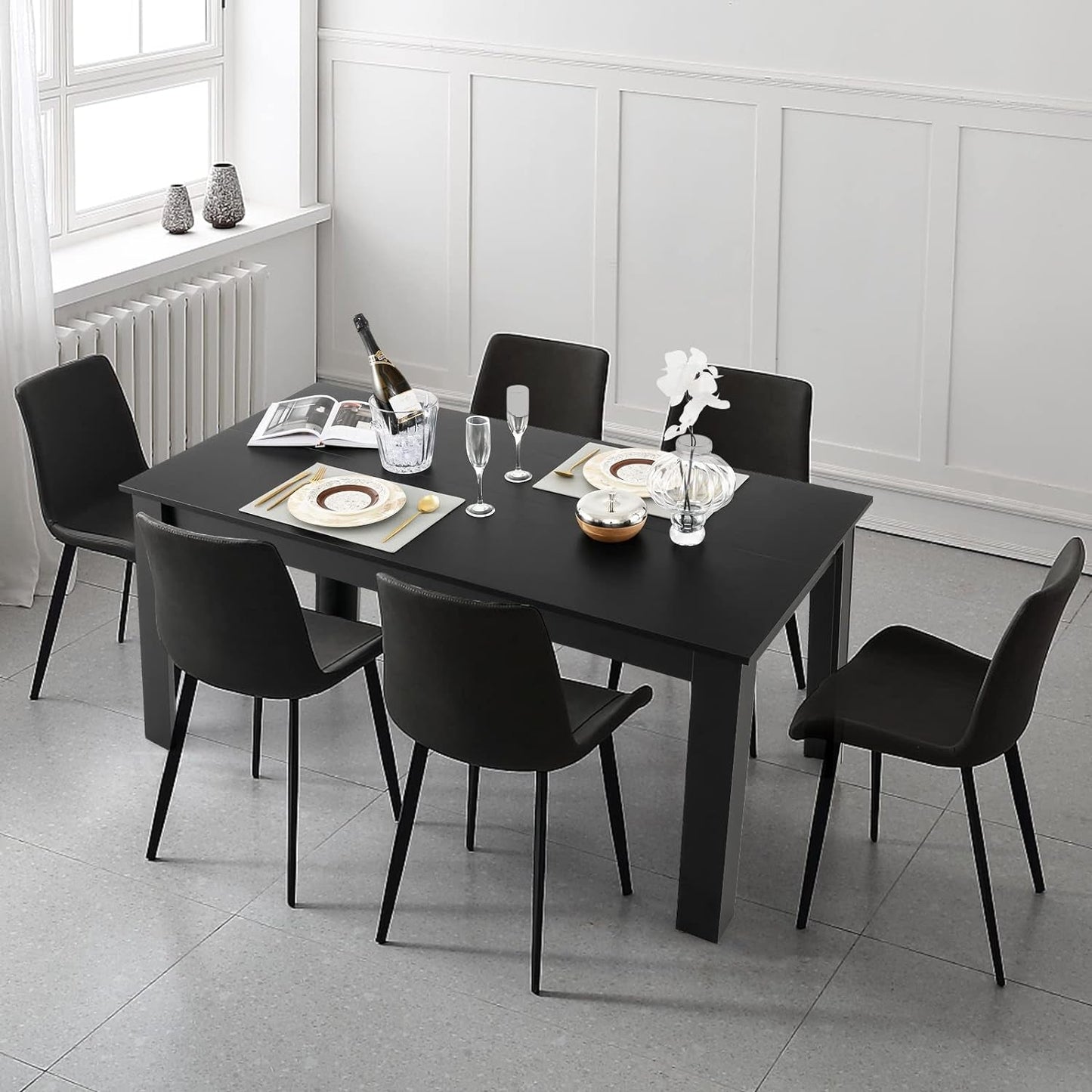 63 Inch Black Dining Table For 6 Modern Home Kitchen