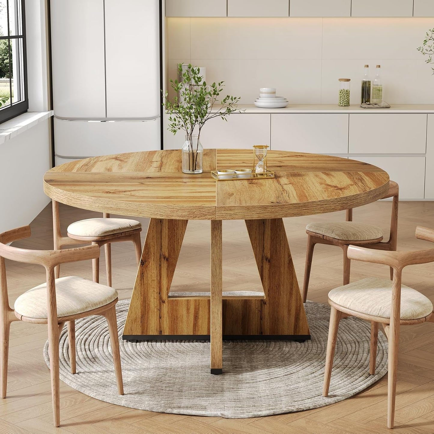 Round Dining Table 47 Inch For 4 To 6 With Wooden Pedestal