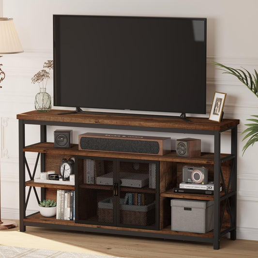 Tall TV Stand for 65 Inch TVs in Rustic Oak Industrial Wood