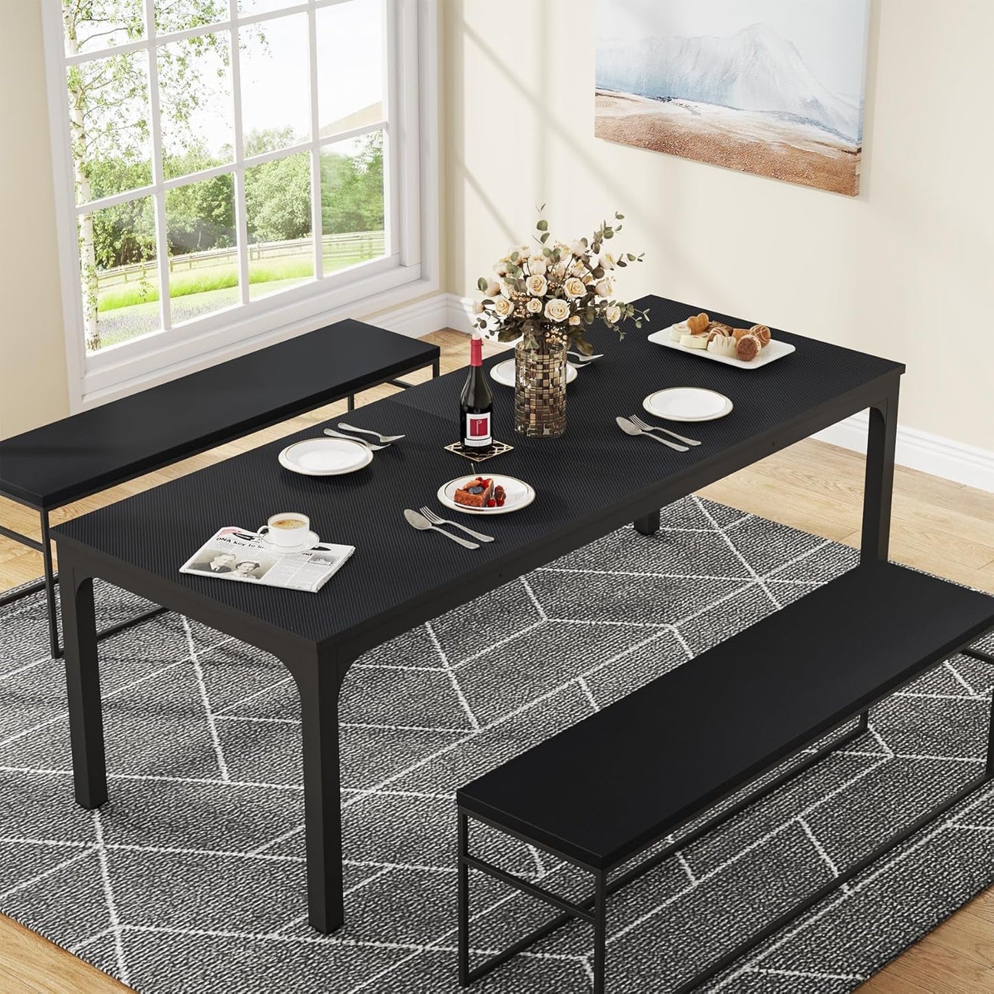 Black 78 Inch Rectangle Dining Table For 6 To 8 People