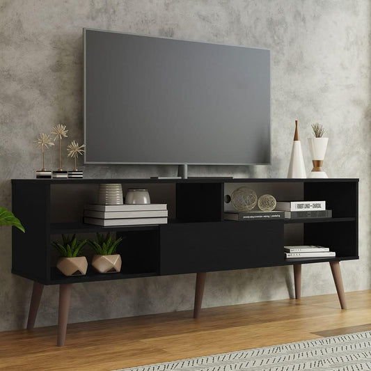 Black TV Stand With 1 Door 4 Shelves For 55 To 65 Inch TV