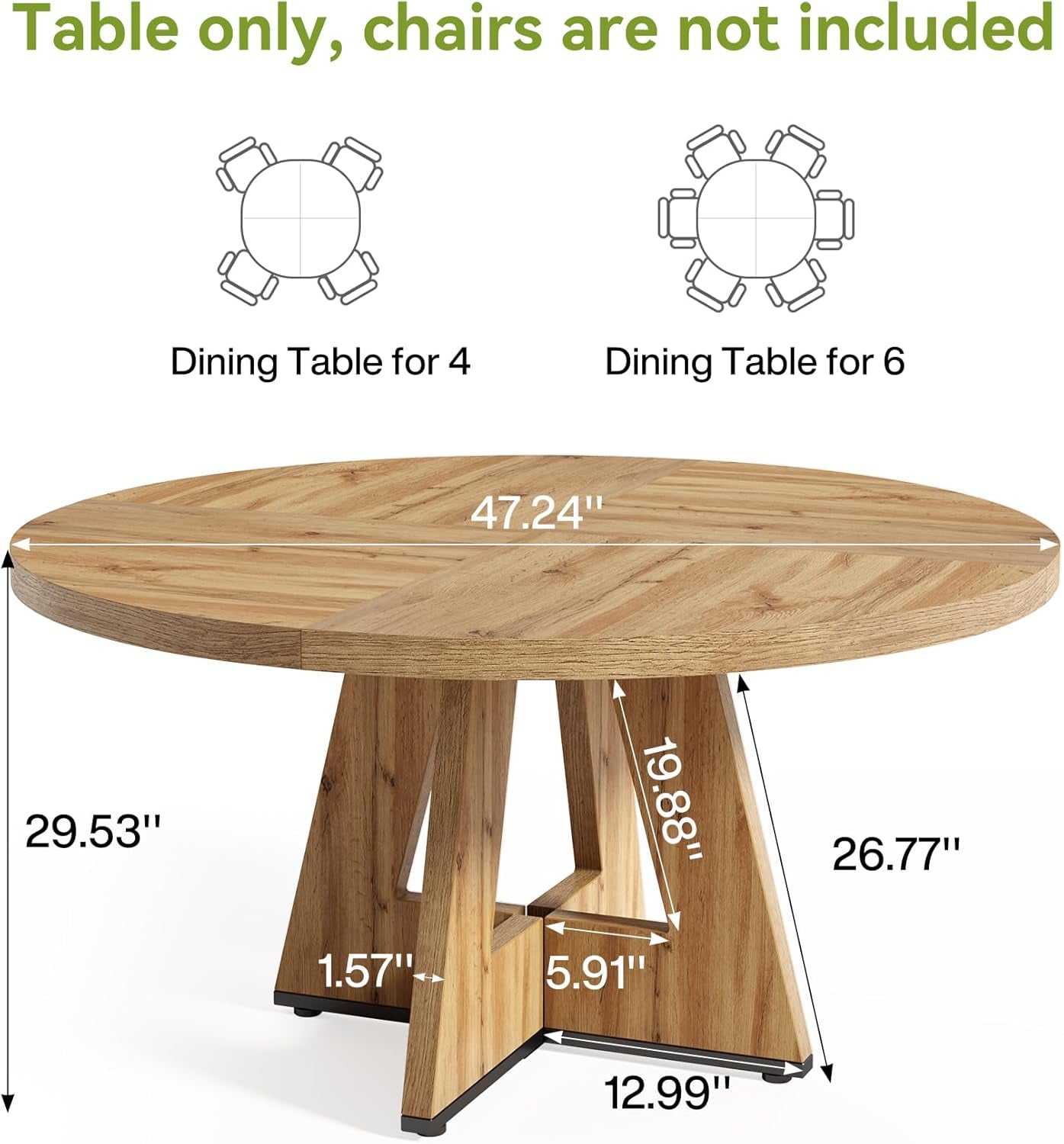 Round Dining Table 47 Inch For 4 To 6 With Wooden Pedestal
