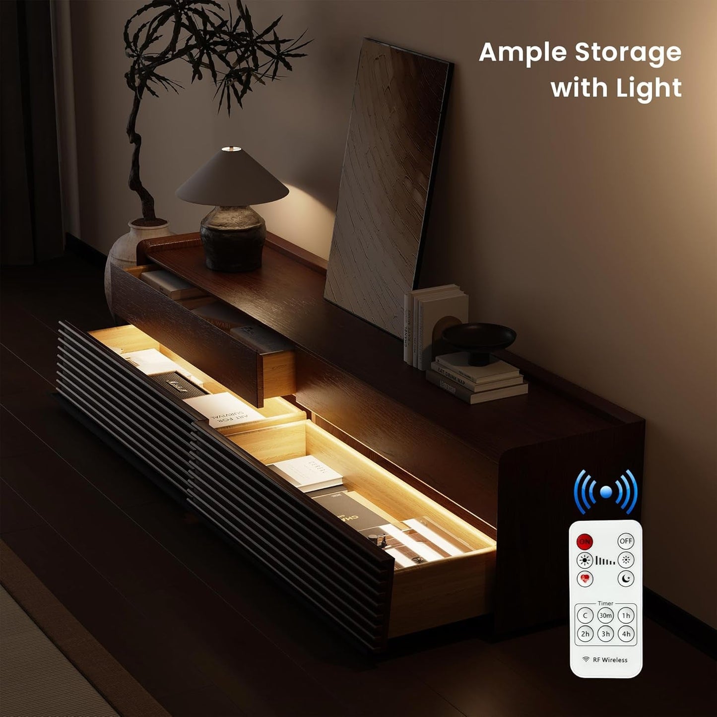 Walnut 78 Inch Mid Century Modern TV Stand With LED Storage