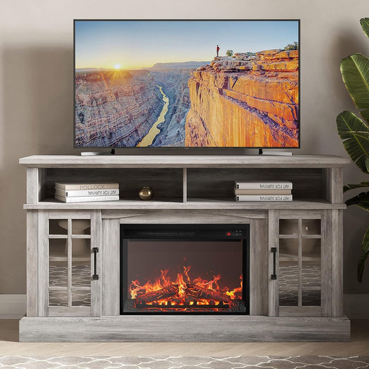 58 Inch Rustic TV Stand With Electric Fireplace And Storage