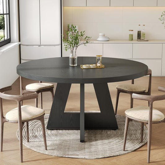 47 Inch Round Dining Table Black With Wooden Pedestal Base