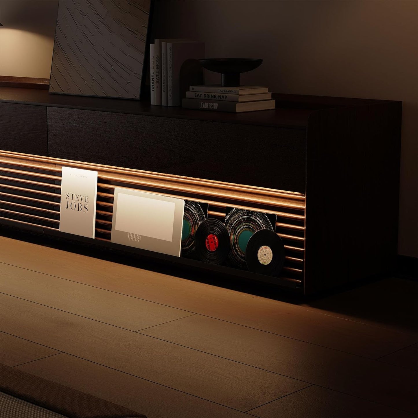 Walnut 78 Inch Mid Century Modern TV Stand With LED Storage