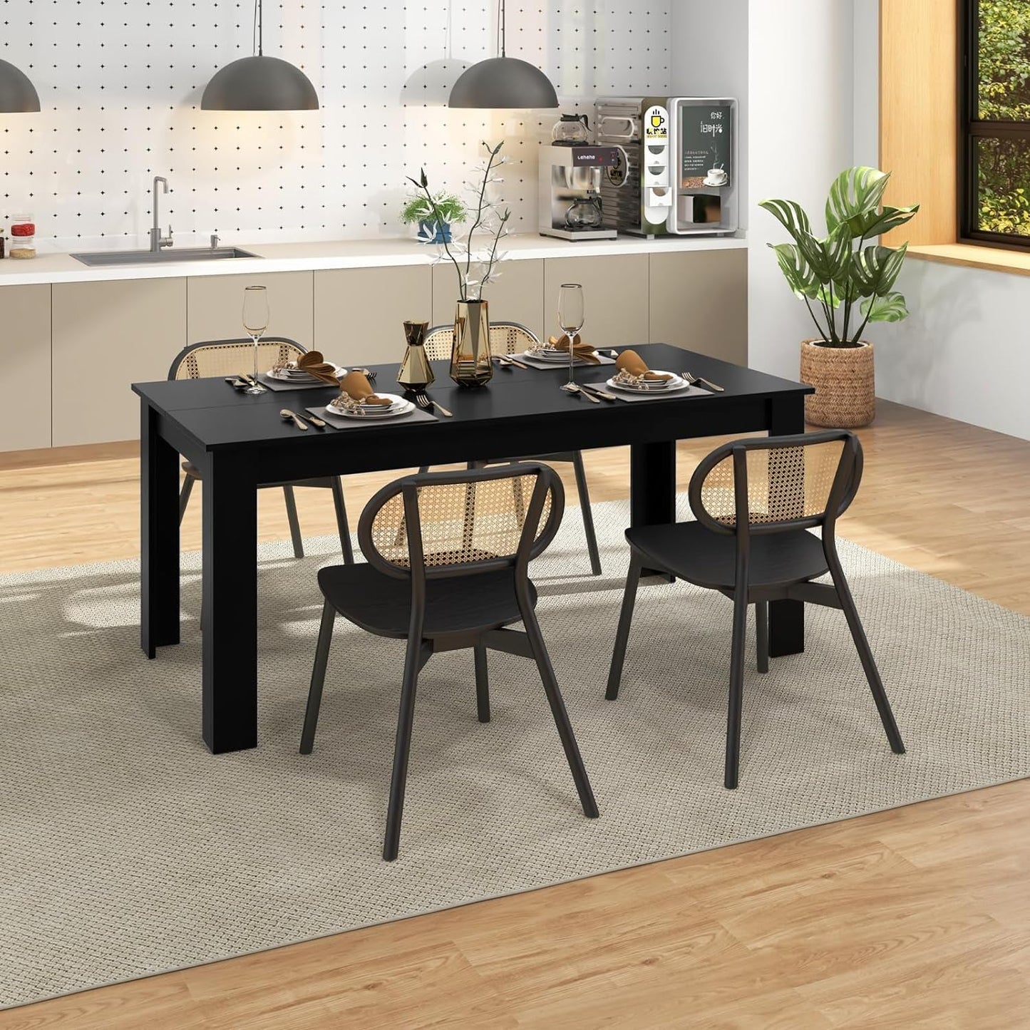 63 Inch Black Dining Table For 6 Modern Home Kitchen