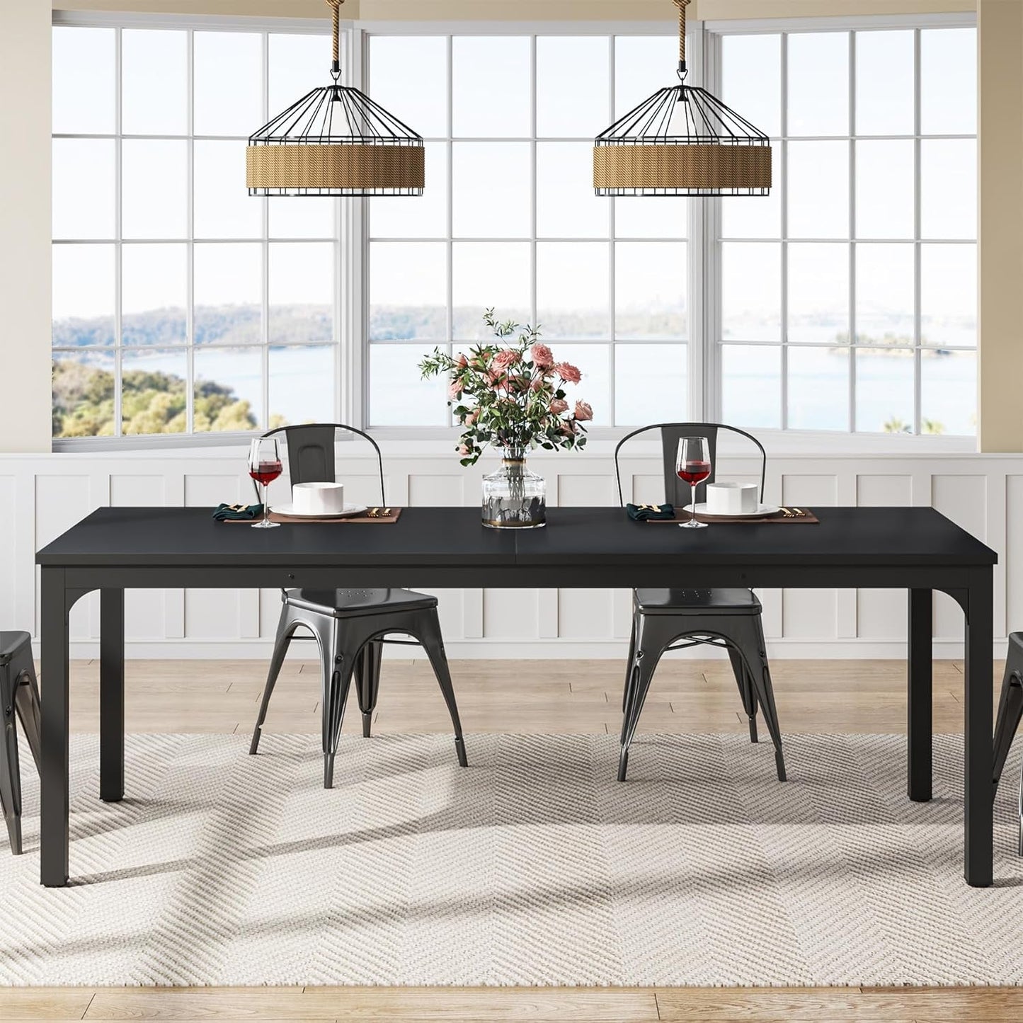 Black 78 Inch Rectangle Dining Table For 6 To 8 People