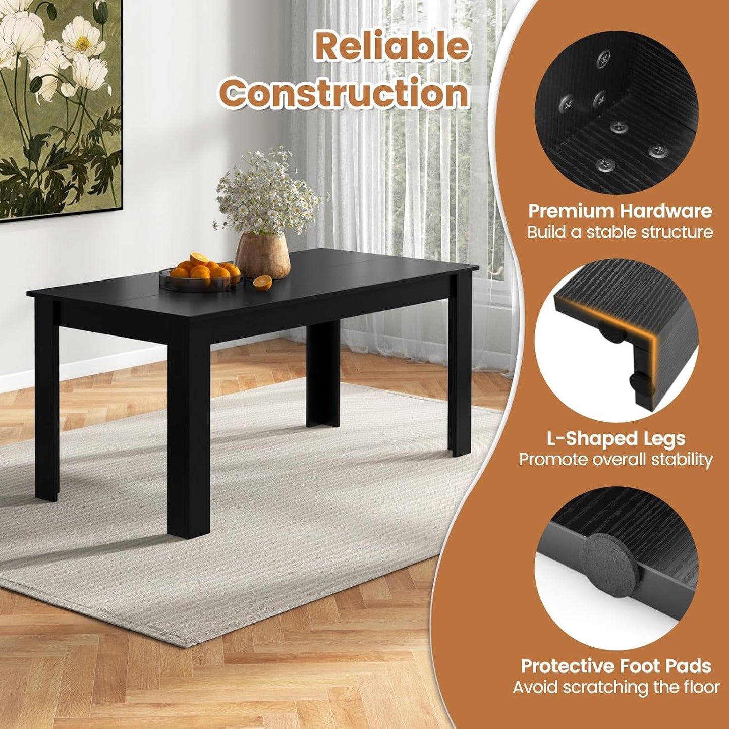 63 Inch Black Dining Table For 6 Modern Home Kitchen