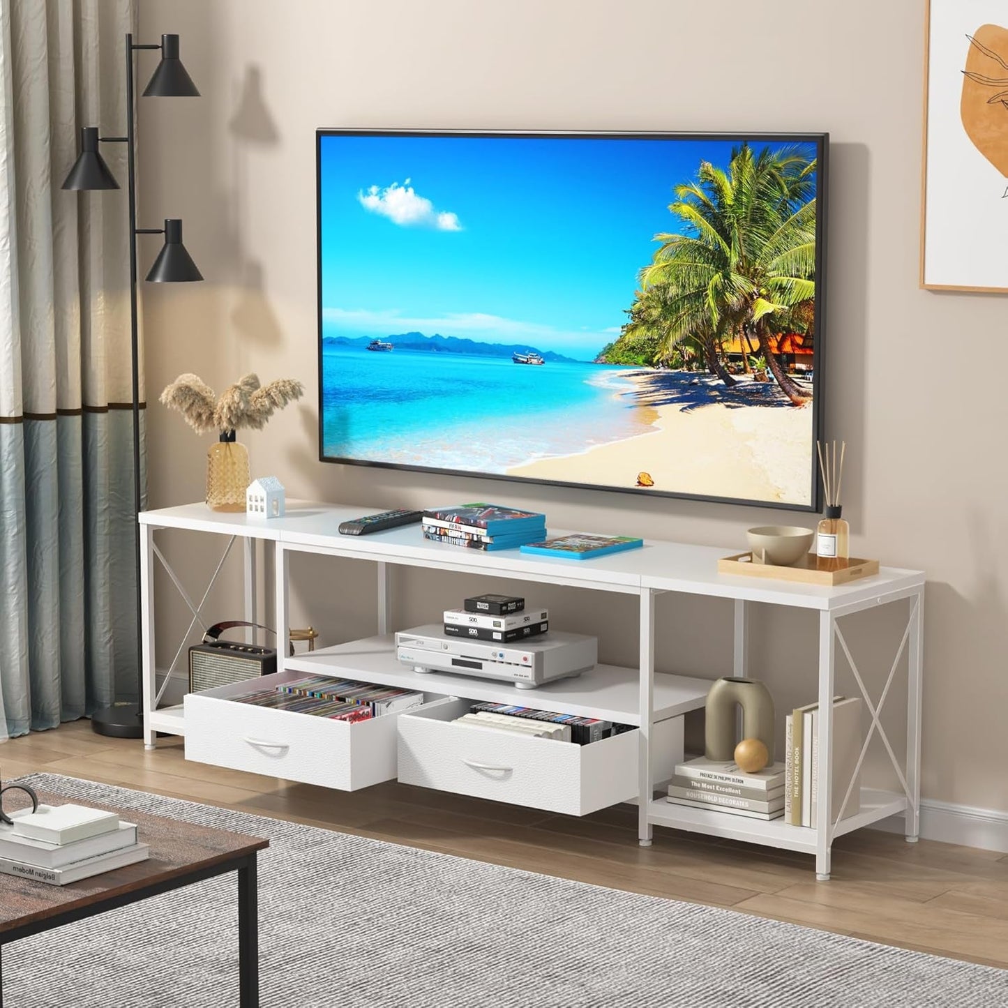 TV Stand For 55 To 65 Inch TV With Fabric Drawers Sturdy