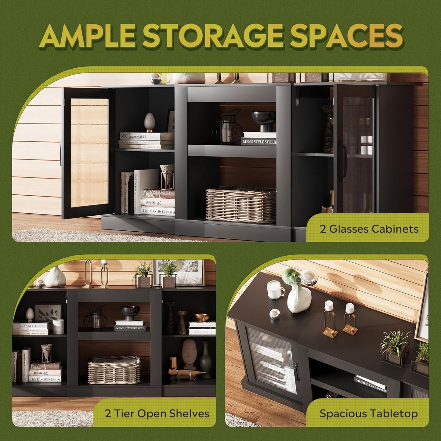 Retro TV Stand For 65 Inch TV With Storage And Open Shelves Black