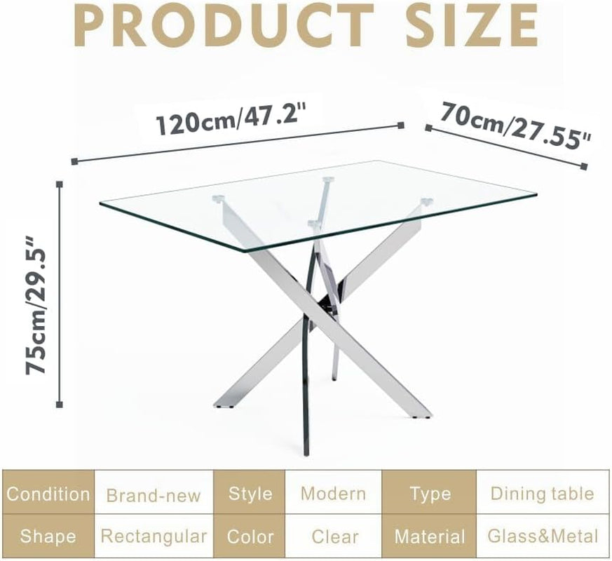 Tempered Glass Dining Table With Chromed Legs 47In White Silver