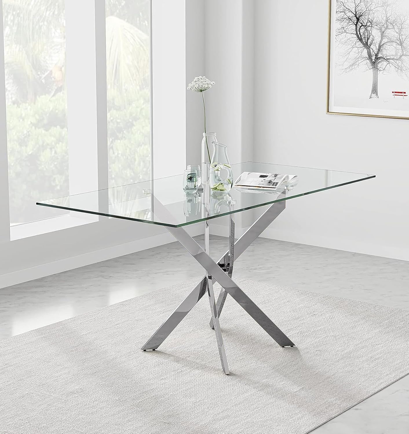 Tempered Glass Dining Table With Chromed Legs 47In White Silver