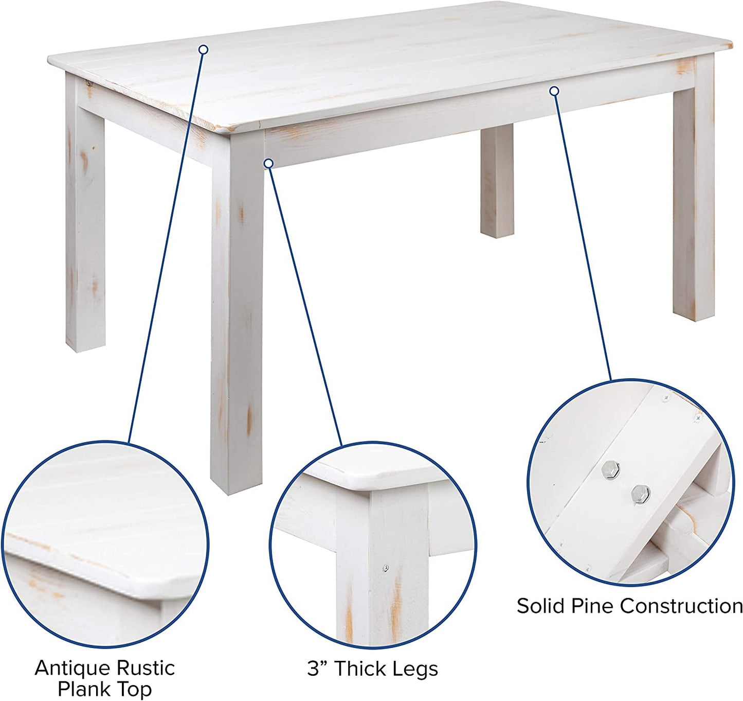 Rustic White Durable Farm Dining Table 60 Inch Long