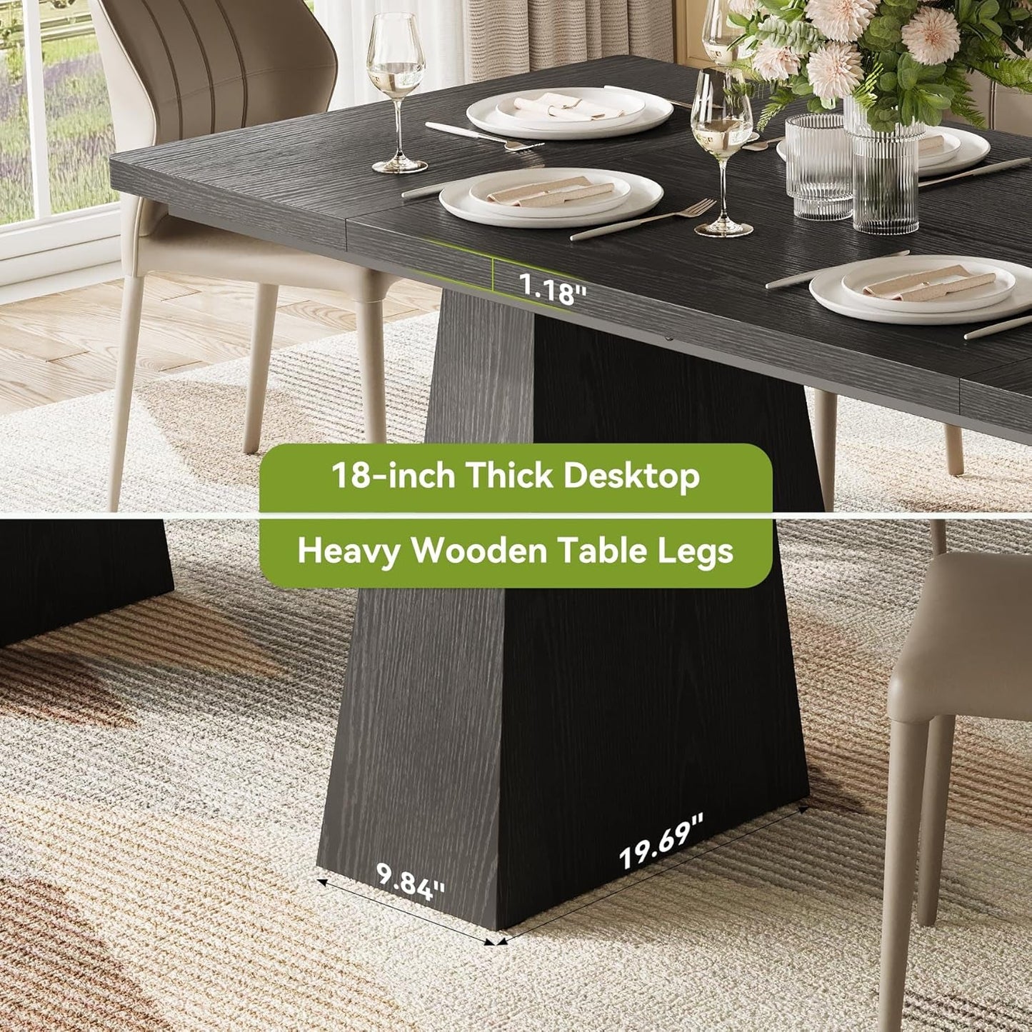 Wooden Dining Table for 6 with Heavy Duty Legs Black