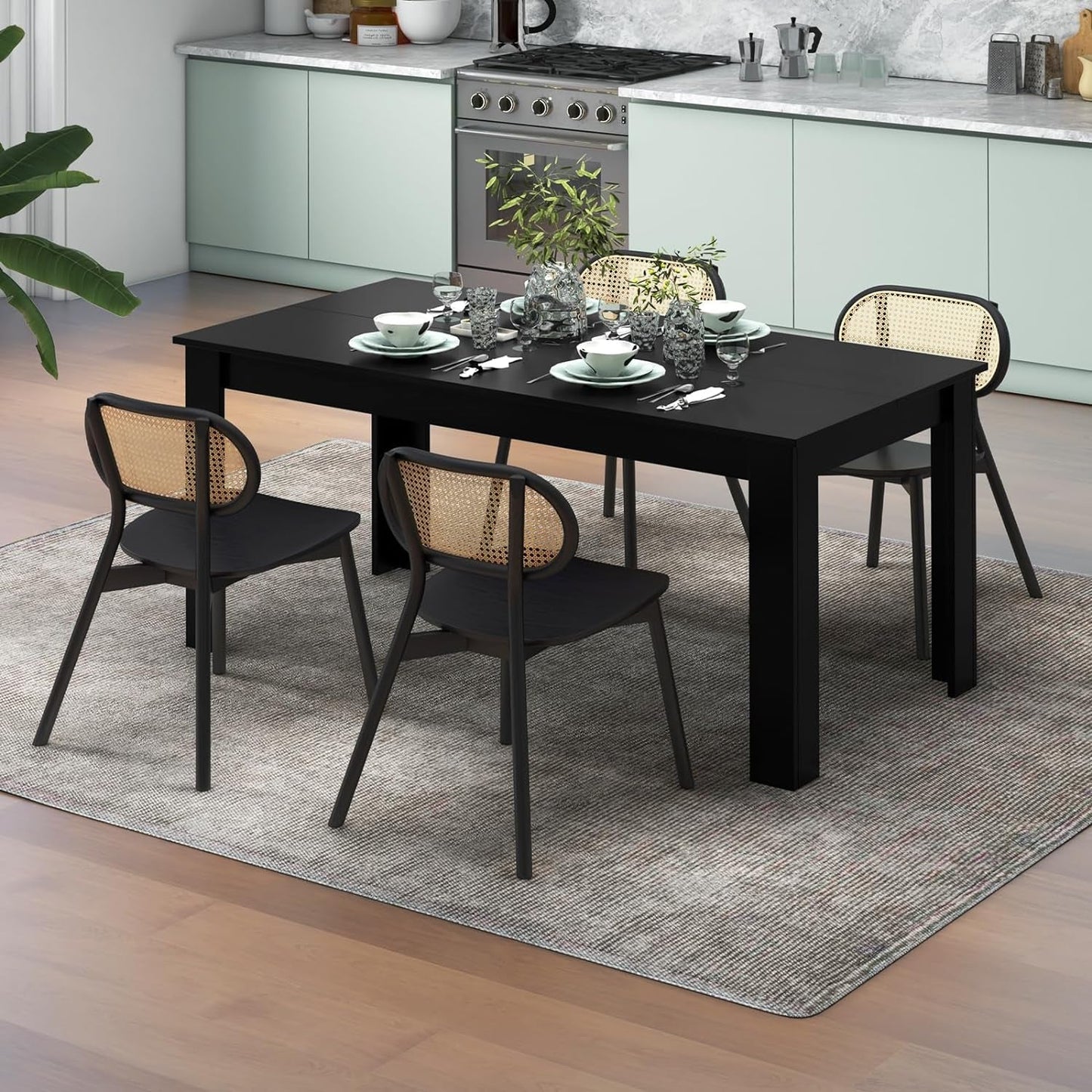63 Inch Black Dining Table For 6 Modern Home Kitchen