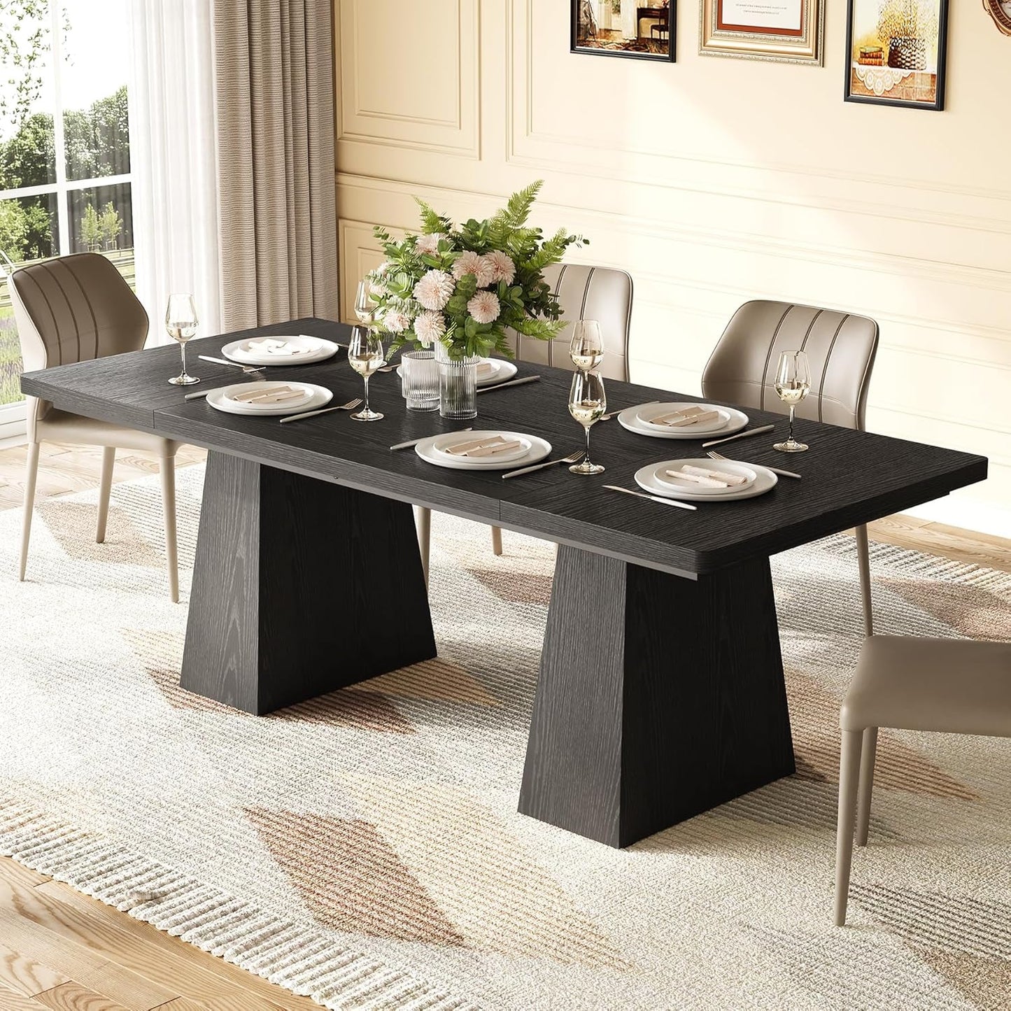 Wooden Dining Table for 6 with Heavy Duty Legs Black