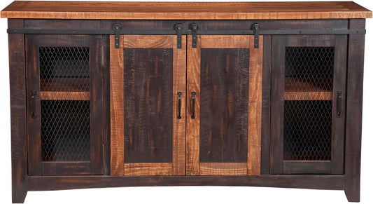 65 Inch Solid Wood TV Stand Antique Black Distressed Pine